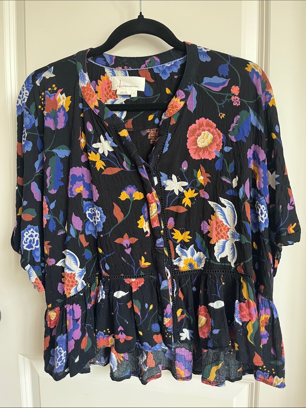 By Anthropologie  Black Floral Button-Front Peplum Blouse